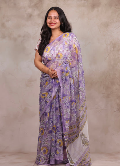 Lavender Chiffon Hand Block Printed Saree | Looms & Tassels