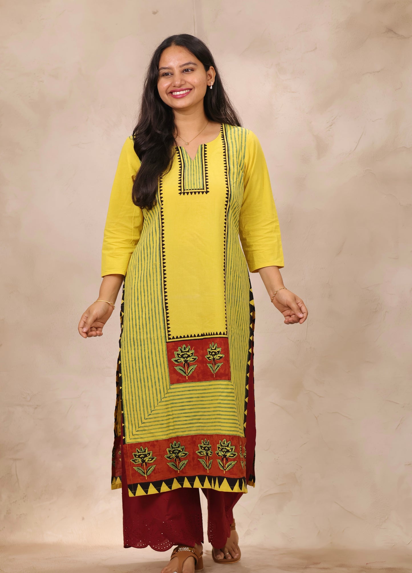 Yellow Pattern Ajrakh Hand Block Cotton printed Kurti | Looms & Tassels