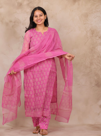 Pastel Pink Bagru Handblock printed kota 3 piece suit (stitched)