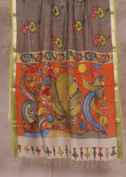 Grey Pen Kalamkari Mangalagiri silk Dupatta