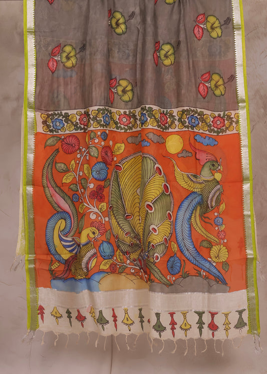 Grey Pen Kalamkari Mangalagiri silk Dupatta