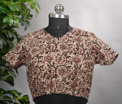Cream V Neck Stretchable Hand block printed kalamkari blouse