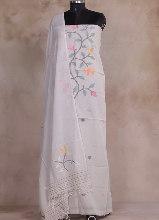 Off white Handwoven Jamdhani weaving pure Malai cotton 2 piece suit sets | Looms & Tassels