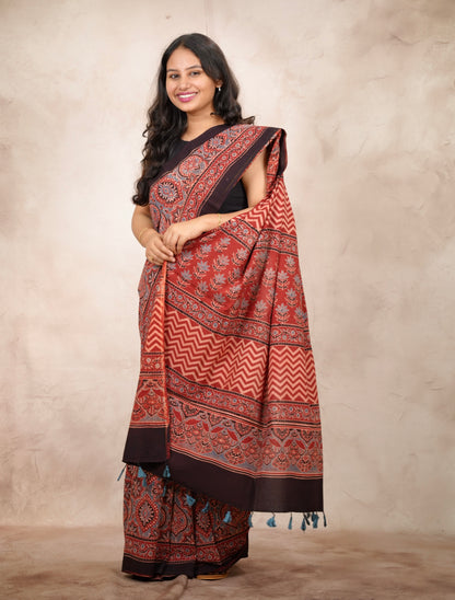 Maroon Ajrakh Hand Block Printed Cotton Saree | Looms & Tassels