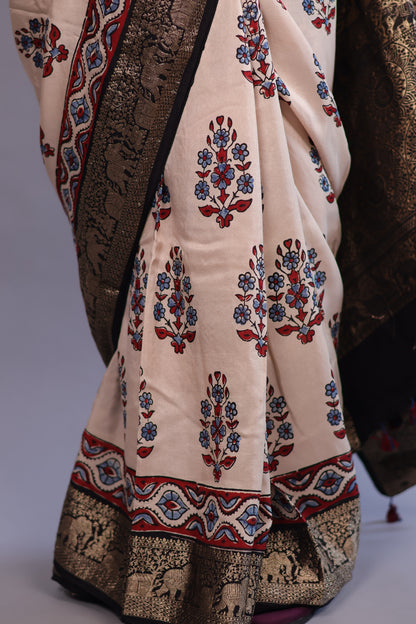 Cream Flower Butta Ajrakh Handblock printed Dola Silk Saree | Looms & Tassels