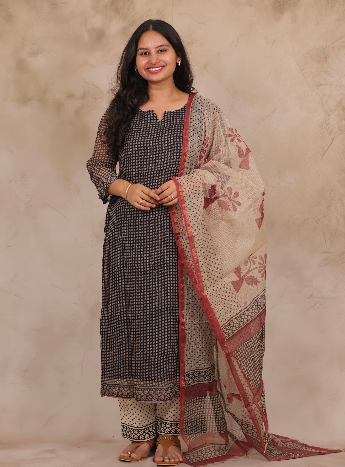 Black Polka Dots Handblock printed kota 3 piece suit (stitched)