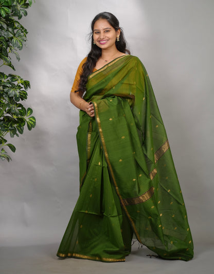Green Handloom Maheswari Silk Cotton Sarees | Looms & Tassels