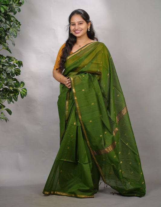 Green Handloom Maheswari Silk Cotton Sarees | Looms & Tassels