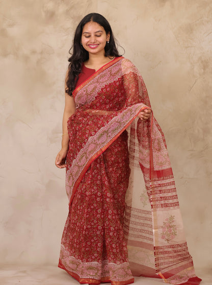 Maroon Pure Kota Doria Saree with Bagru Handblock Prints | Looms & Tassels
