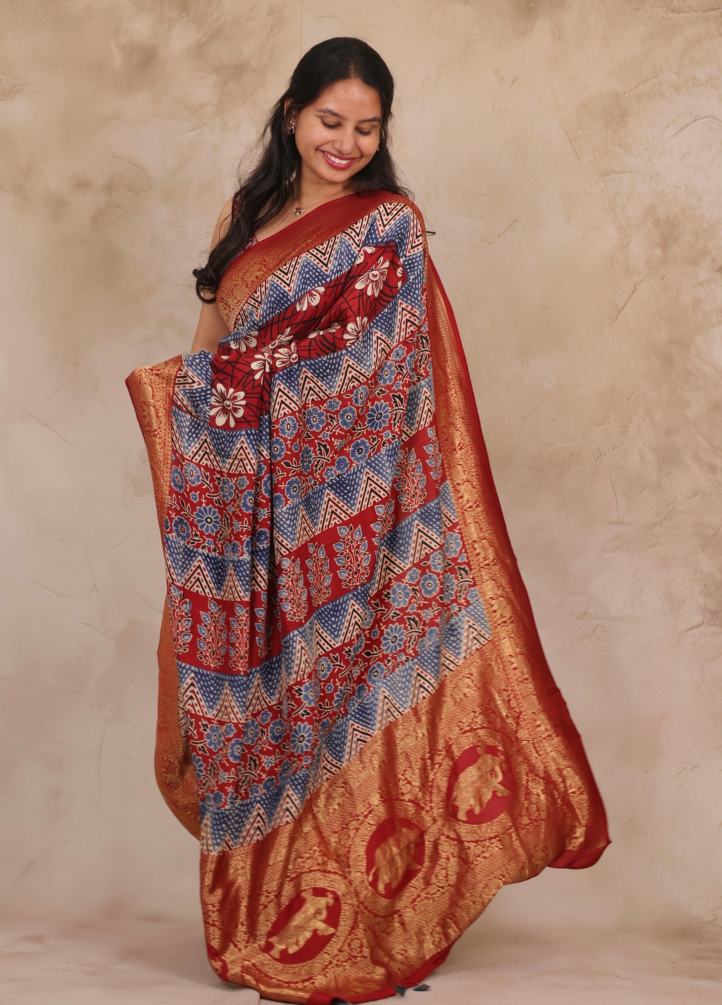 Floral Ajrakh Handblock printed Dola Silk Saree | Looms & Tassels