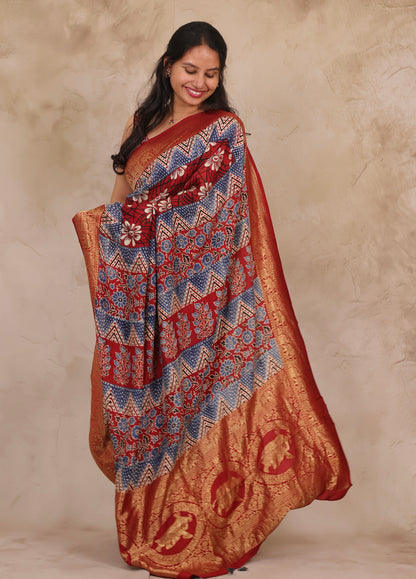 Floral Ajrakh Handblock printed Dola Silk Saree | Looms & Tassels