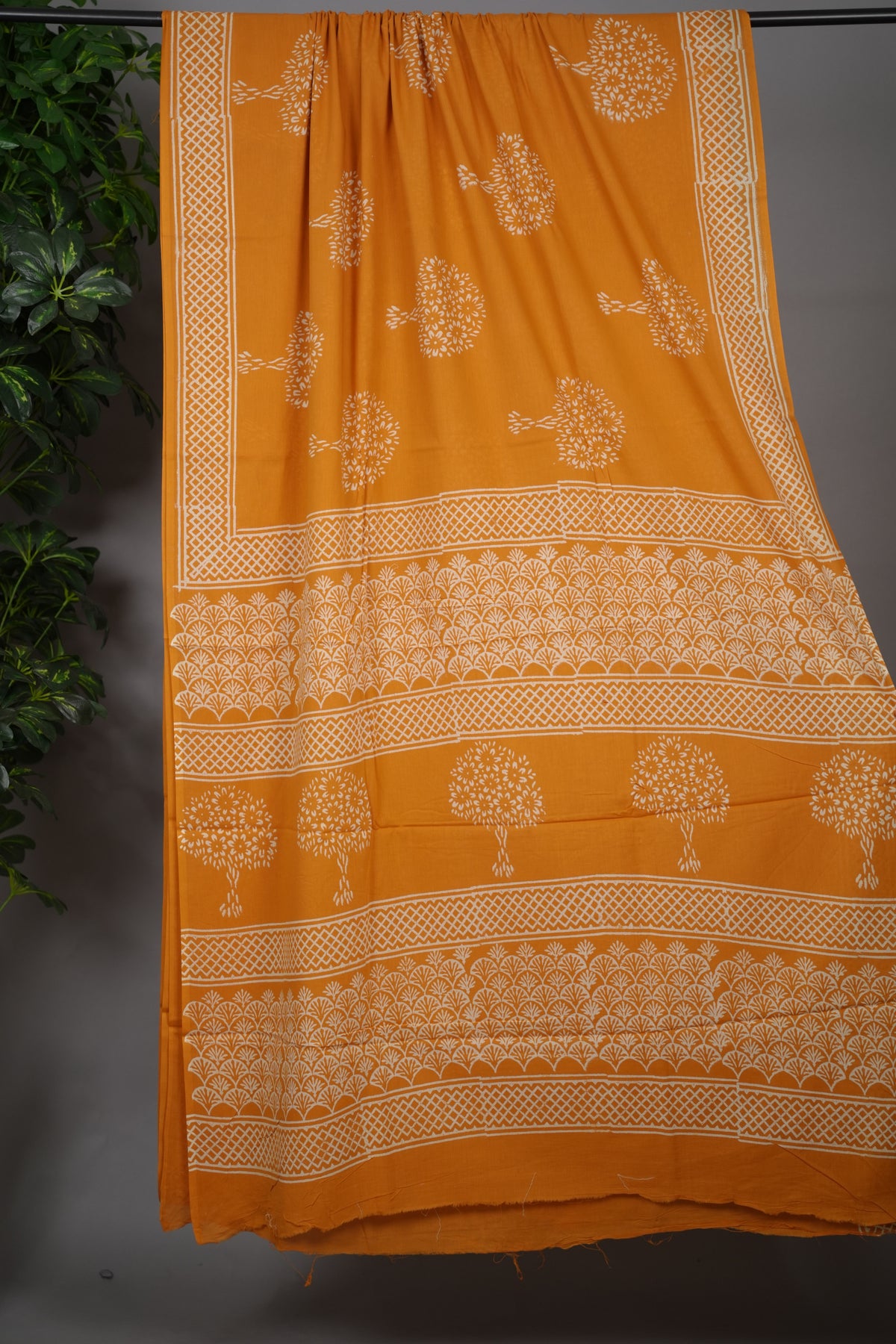 Mustard yellow Bagru Handblock printed MulMul cotton saree | Looms & Tassels
