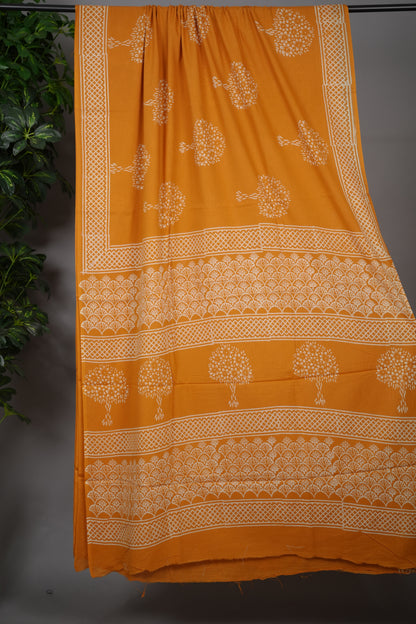 Mustard yellow Bagru Handblock printed MulMul cotton saree | Looms & Tassels
