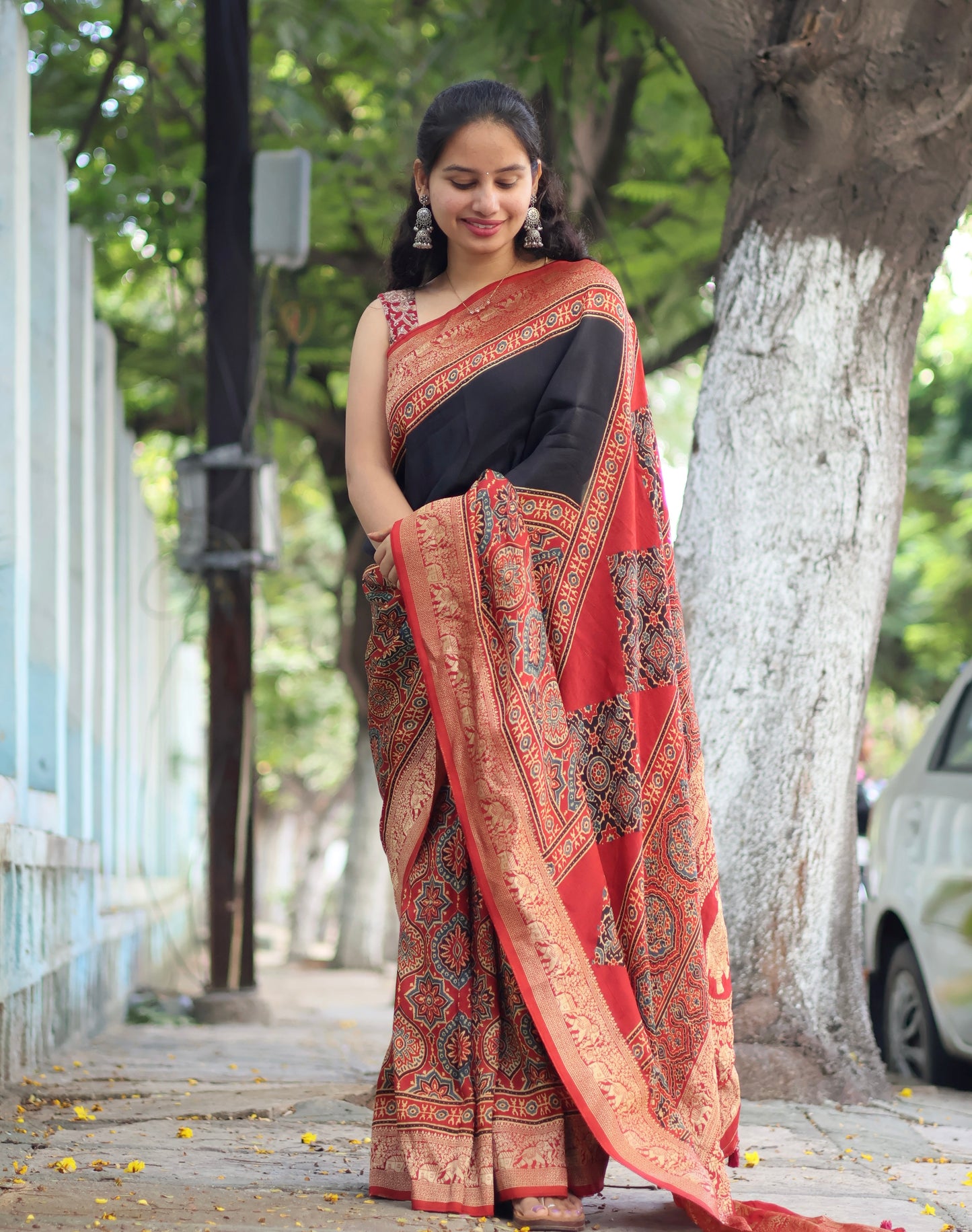 Black & Red Ajrakh Dola Silk Saree