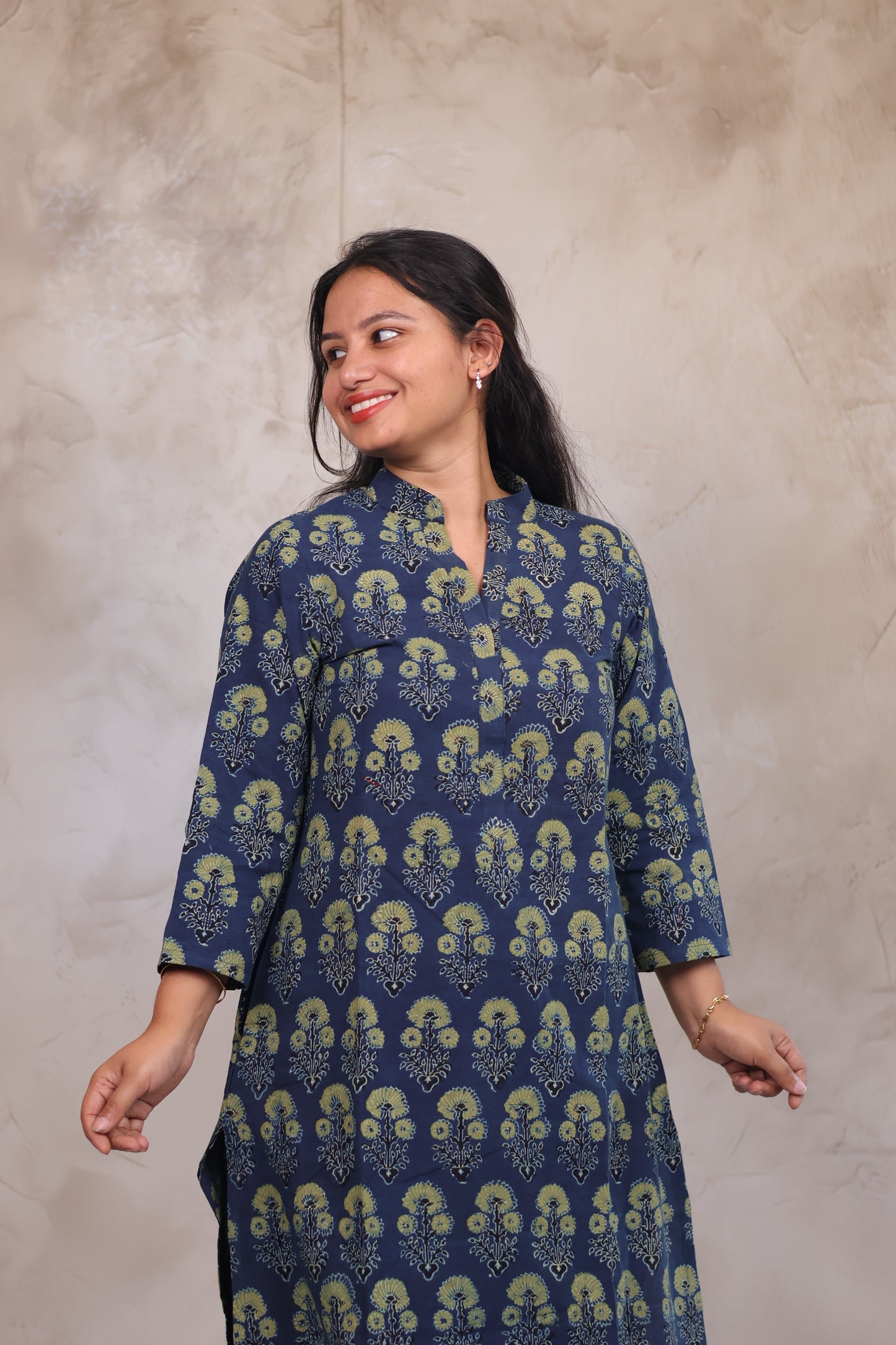 Indigo Ajrakh Hand Block Printed Kurti | Looms & Tassels