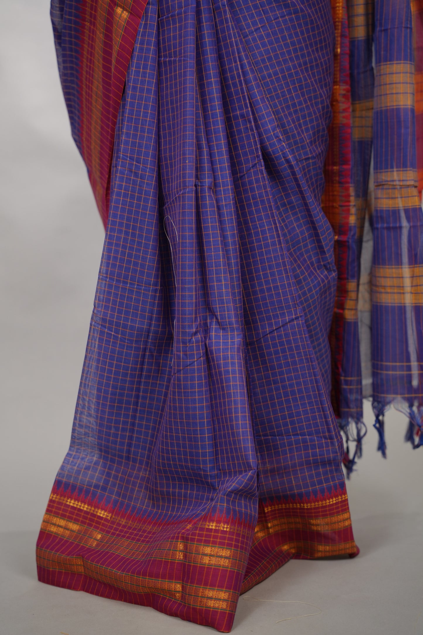 Blue Checks Narayanpet Cotton Saree with Traditional contrast Border | Looms & Tassels