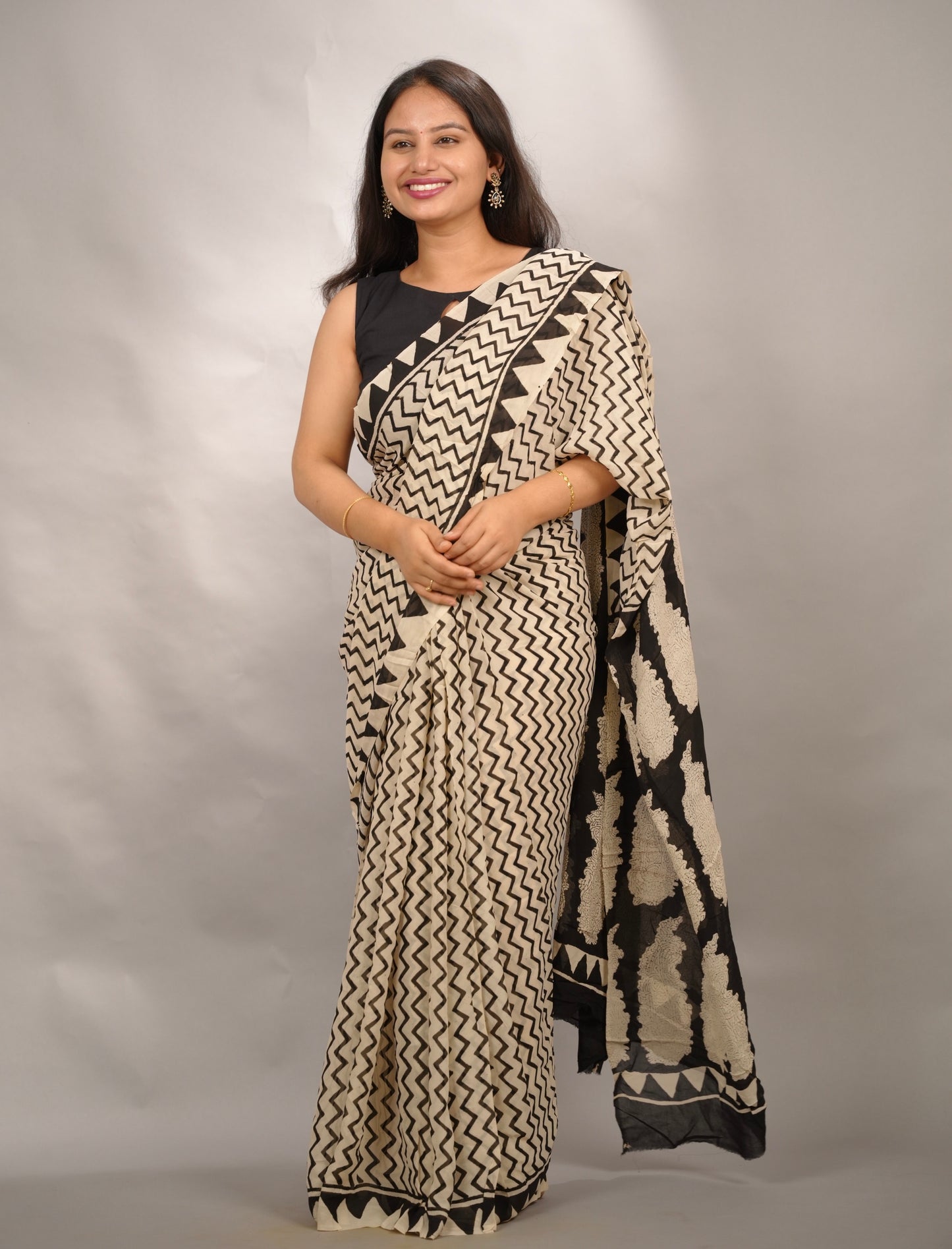 Cream & Black Georgette Hand Block Printed Saree| Looms & Tassels