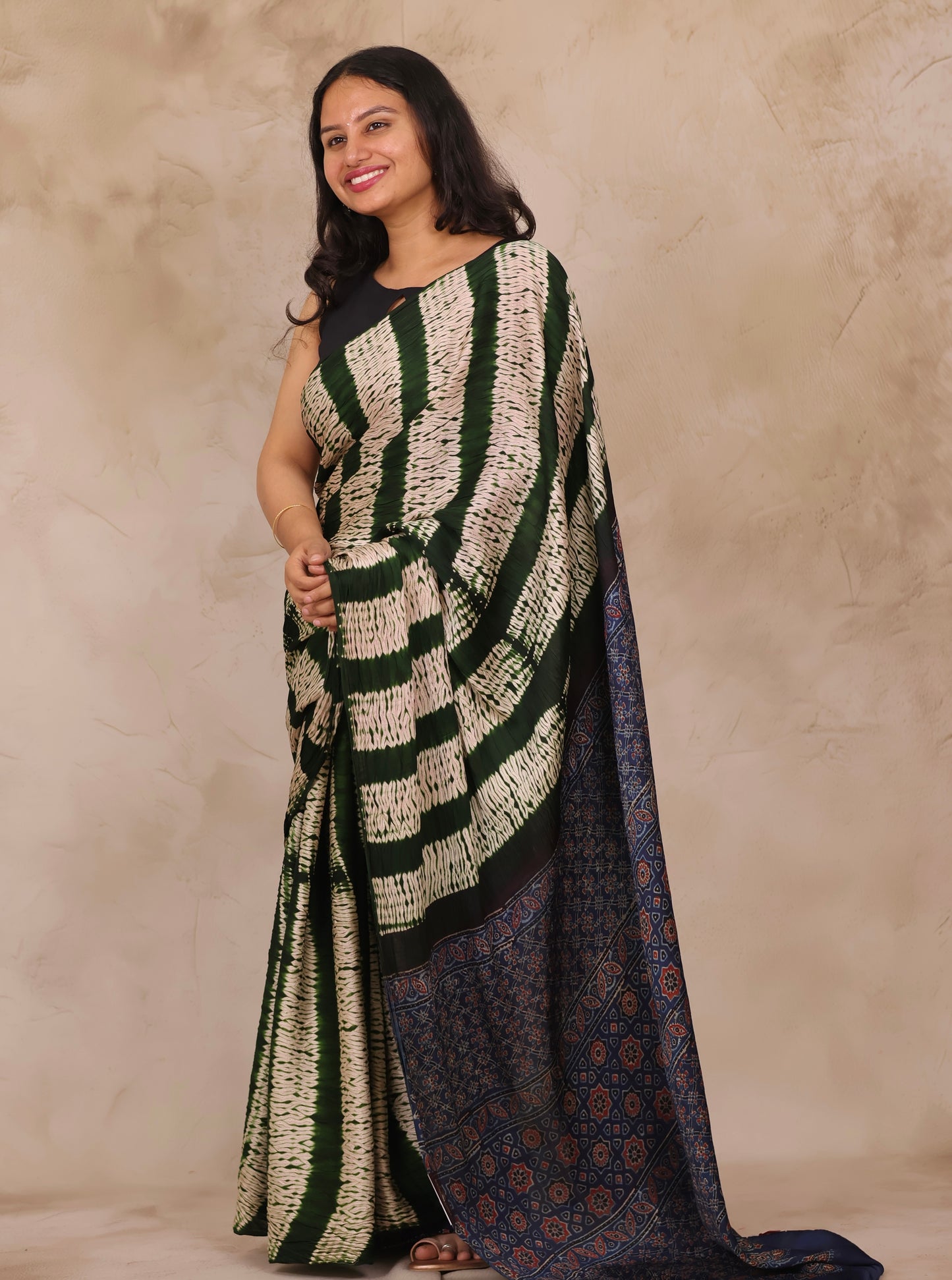 Bottle Green Needle Shibori and Ajrakh Handblock Printed Modal Silk Saree | Looms & Tassels
