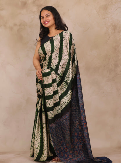 Bottle Green Needle Shibori and Ajrakh Handblock Printed Modal Silk Saree | Looms & Tassels