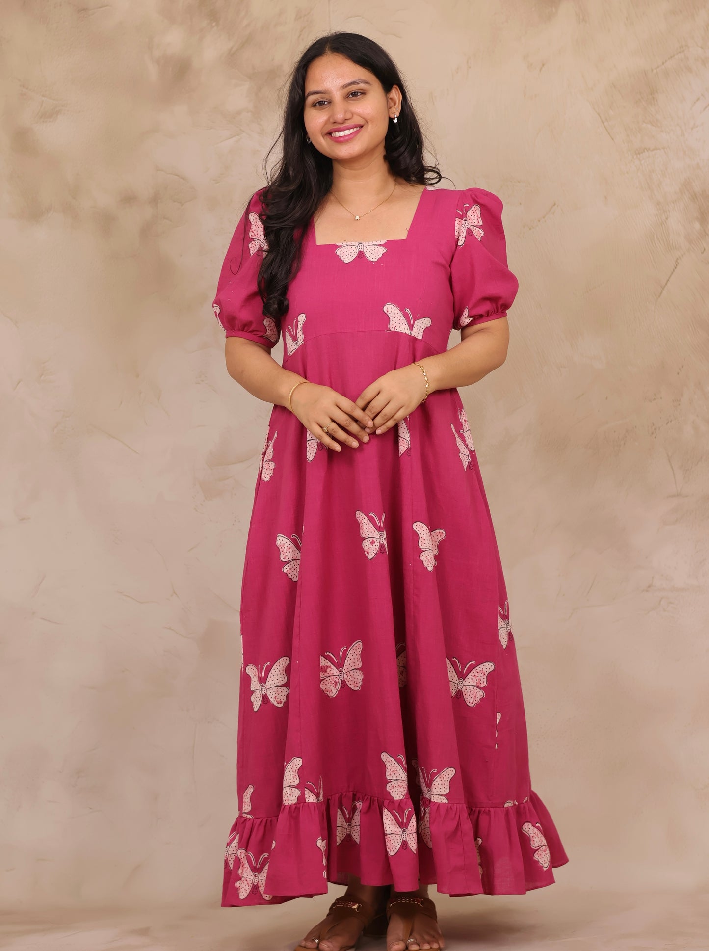 Pink Butterfly Print Pure Mul Cotton Maxi Dress | Looms & Tassels