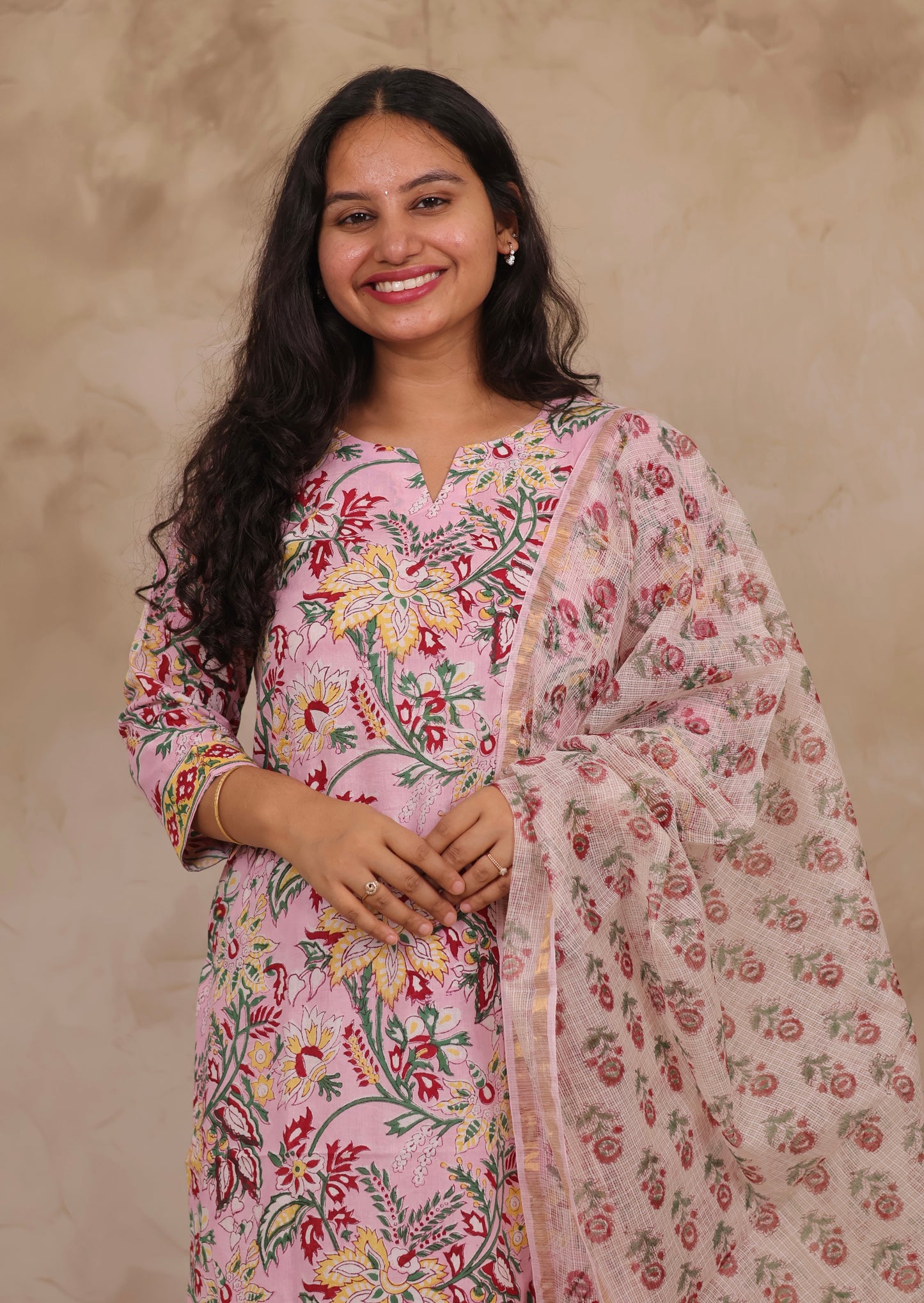 Pastel Pink Handblock printed Pure Mul Cotton with Kota Doria Duppata 3 piece suit (stitched)