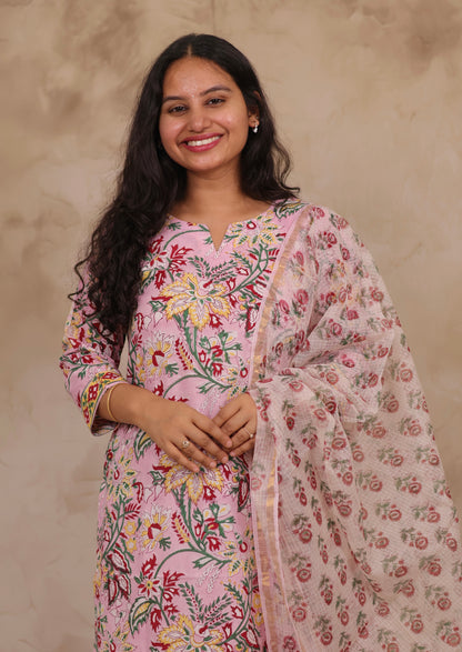 Pastel Pink Handblock printed Pure Mul Cotton with Kota Doria Duppata 3 piece suit (stitched)