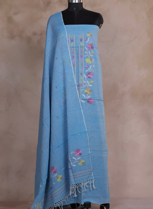 Powder Blue Handwoven Jamdhani weaving pure Malai cotton 2 piece suit sets | Looms & Tassels