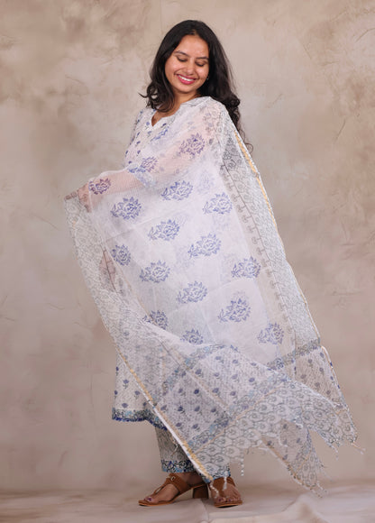 White Sangneri Handblock printed kota 3 piece suit (stitched)