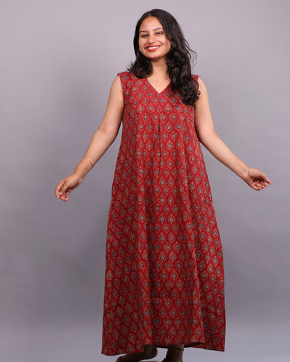 Red Ajrakh Handblock Printed A-Line Cotton Kurti – Elegant & Comfortable Ethnic Wear | Looms & Tassels