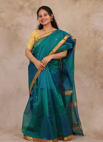Dual Shade Green & Blue Handloom Maheswari Silk Cotton Sarees | Looms & Tassels
