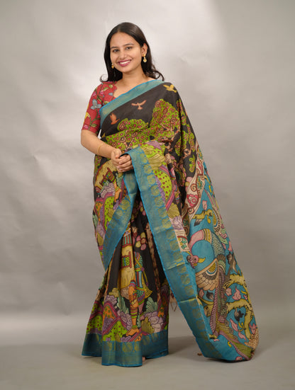 Black Hand Drawn Pen Kalamkari Bangalore Silk Kanchi Border Saree | Looms & Tassels