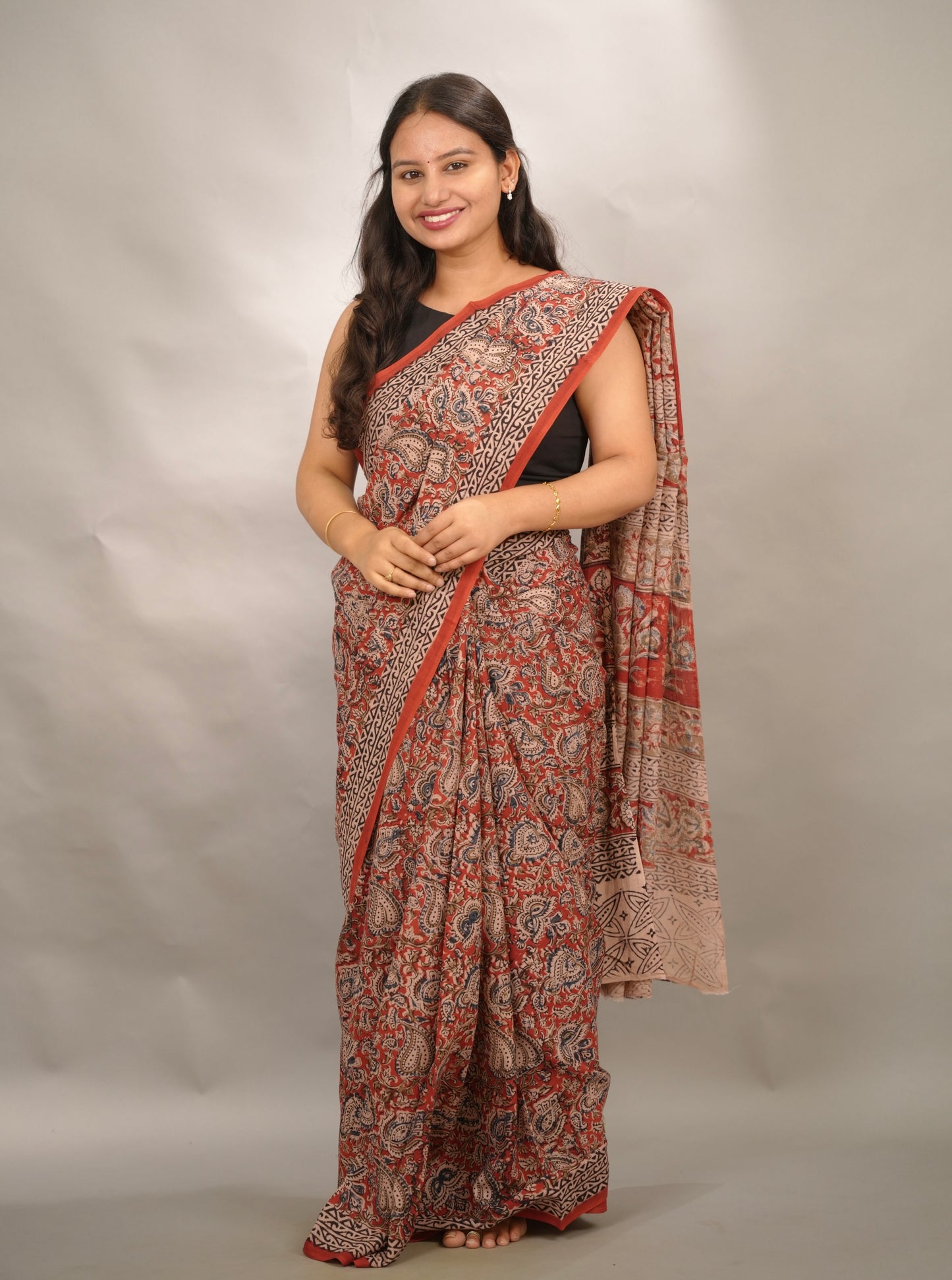 Red Hand Block Printed Kalamkari Cotton Saree | Looms & Tassels