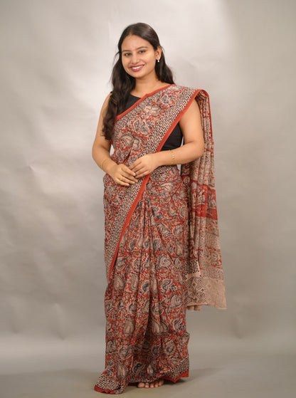 Red Hand Block Printed Kalamkari Cotton Saree | Looms & Tassels