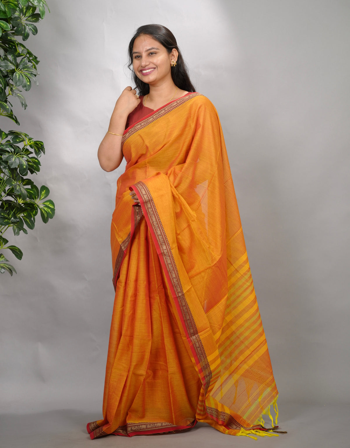 Festive Orange Narayanpet Cotton Saree | Looms & Tassels
