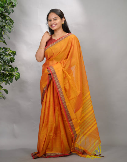 Festive Orange Narayanpet Cotton Saree | Looms & Tassels