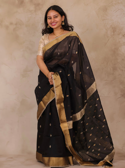 Black Handloom Maheswari Silk Cotton Sarees | Looms & Tassels