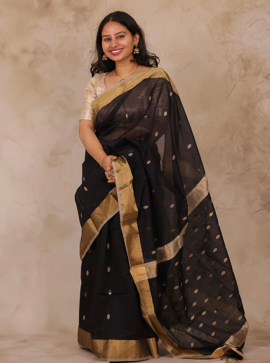 Black Handloom Maheswari Silk Cotton Sarees | Looms & Tassels