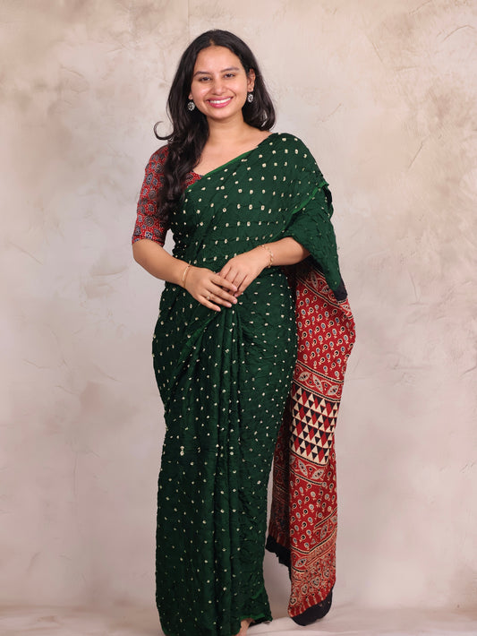 Bottle Green Hand Knotted Bandhej Modal Silk Saree with Ajrakh Pallu | Looms & Tassels