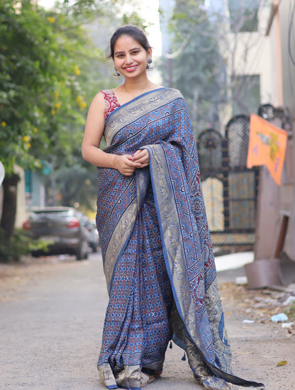 Indigo Ajrakh Dola Silk Saree