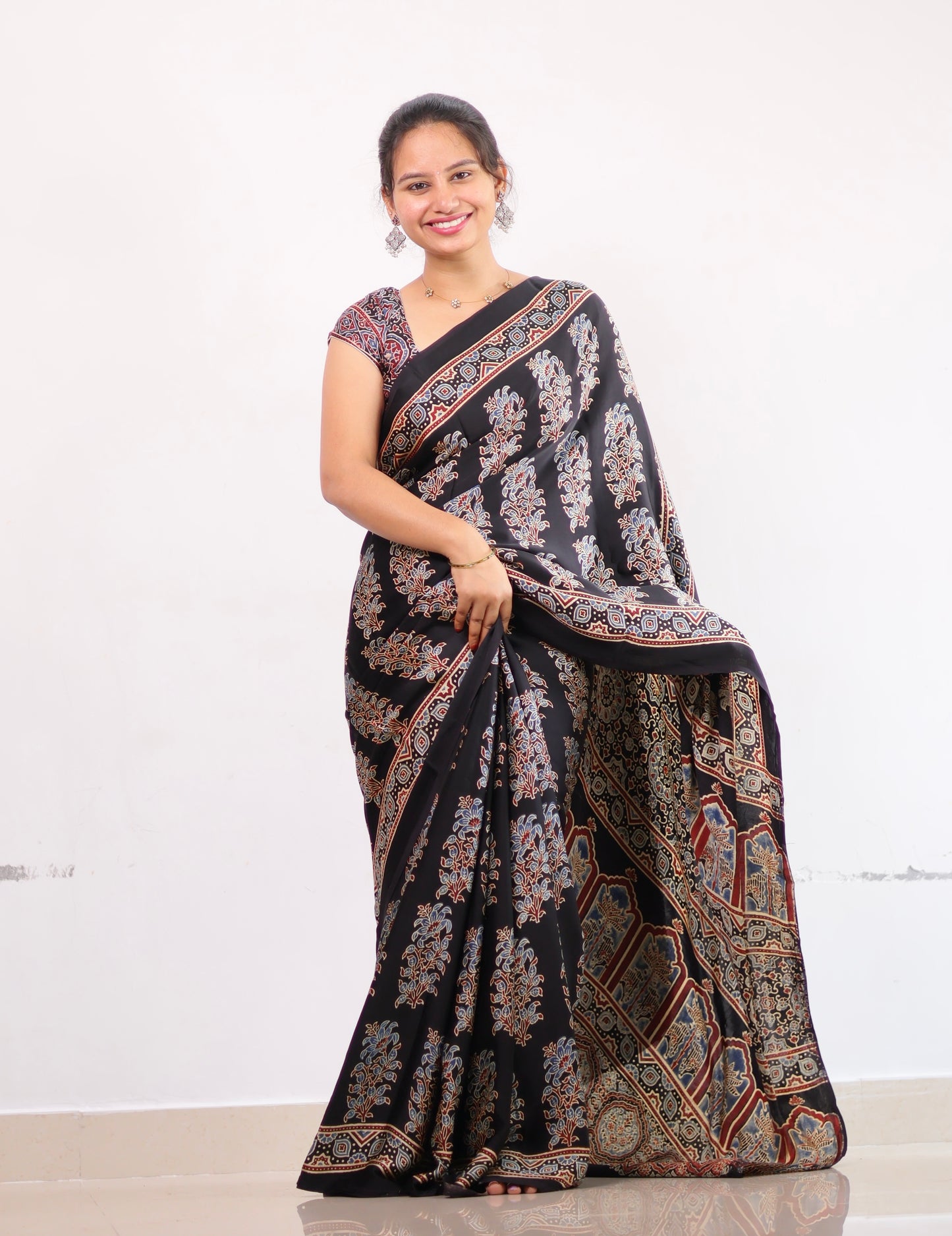 Black Ajrakh Modal Silk Saree