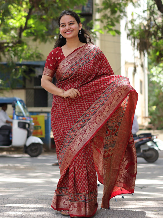 Flower Butta Ajrakh Dola Silk Saree