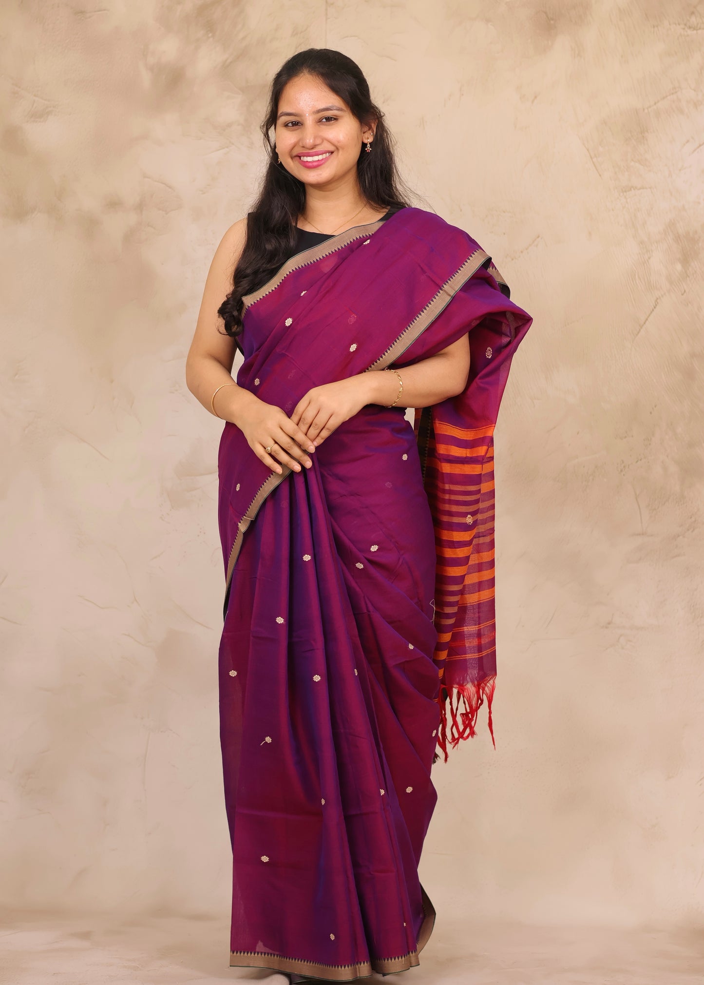 Purple Narayanpet Cotton Saree With Butta Weaving | Looms & Tassels