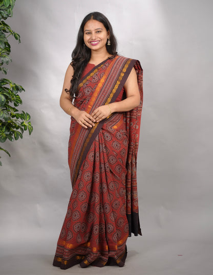 Maroon Ajrakh Hand Block Printed Sungudi Cotton Saree | Looms & Tassels