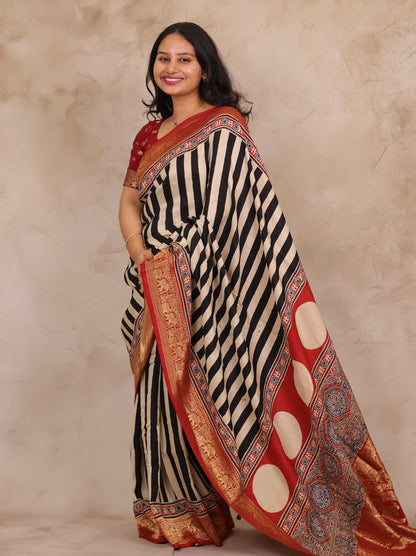 Stripes Contemporary Ajrakh Handblock printed Dola Silk Saree | Looms & Tassels