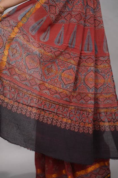Maroon Ajrakh Hand Block Printed Sungudi Cotton Saree | Looms & Tassels