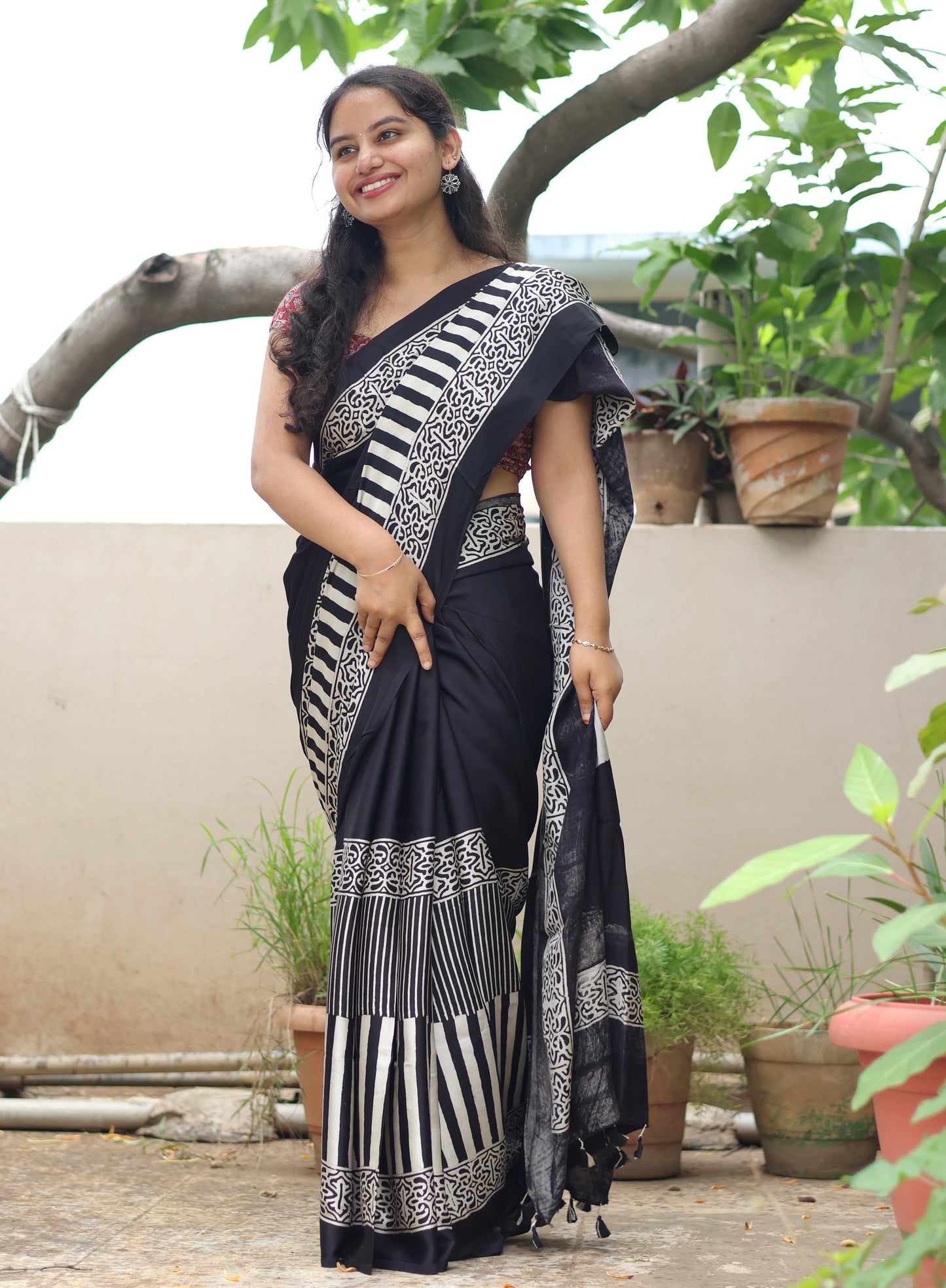 Black Ajrakh Modal Silk Saree