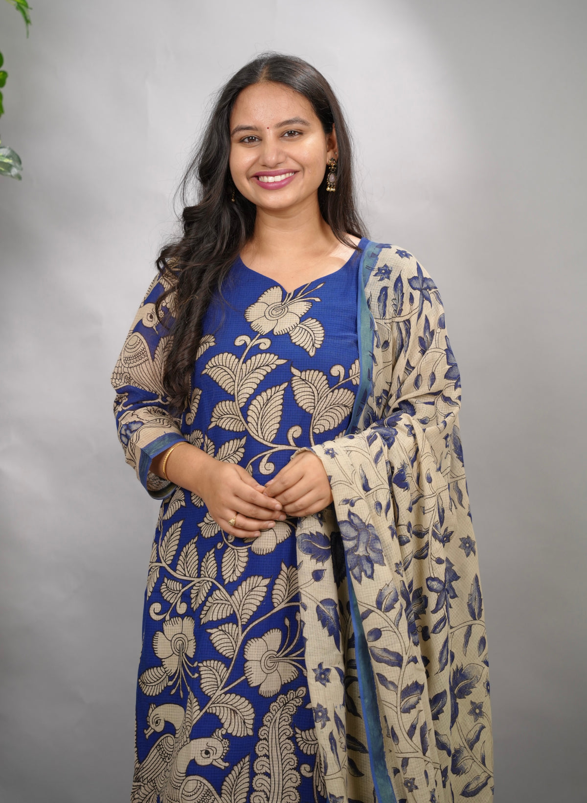 Blue Kalamkari Kota Cotton 3 piece suit (stitched) | Looms & Tassels