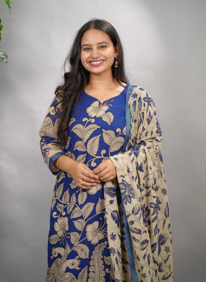 Blue Kalamkari Kota Cotton 3 piece suit (stitched) | Looms & Tassels