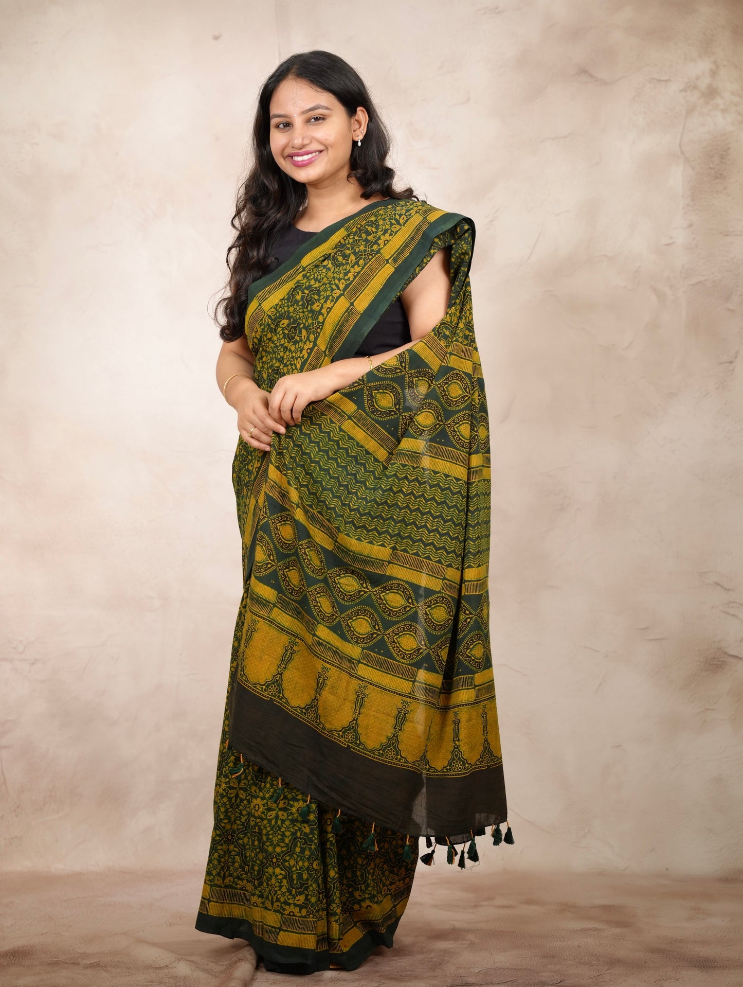 Green Ajrakh Hand Block Printed Cotton Saree | Looms & Tassels