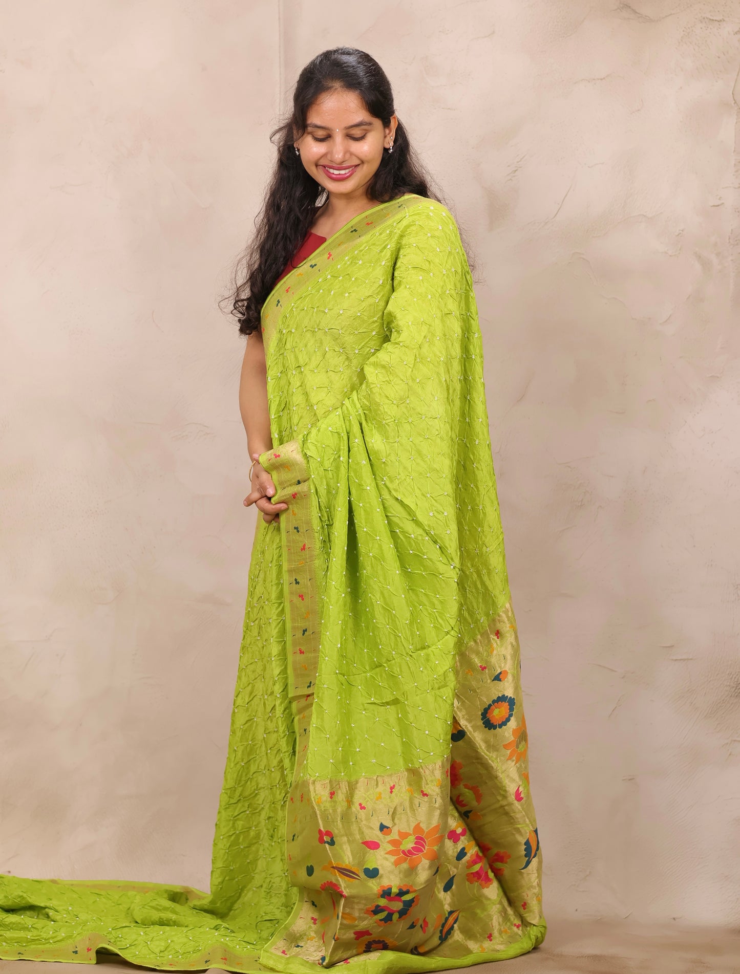 Lemon Green Handcrafted Bandhani Paithani Dola Silk Saree | Looms & Tassels